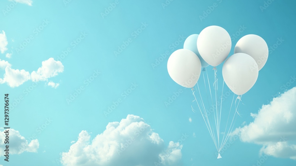 Obraz premium Sky blue background with fluffy white clouds and helium balloons, generative ai