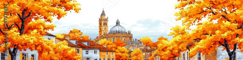 Stunning Autumn Landscape Vector with Historic Cathedral, Vibrant Orange Foliage, and Charming Town Architecture: Perfect for Seasonal and Travel Themes