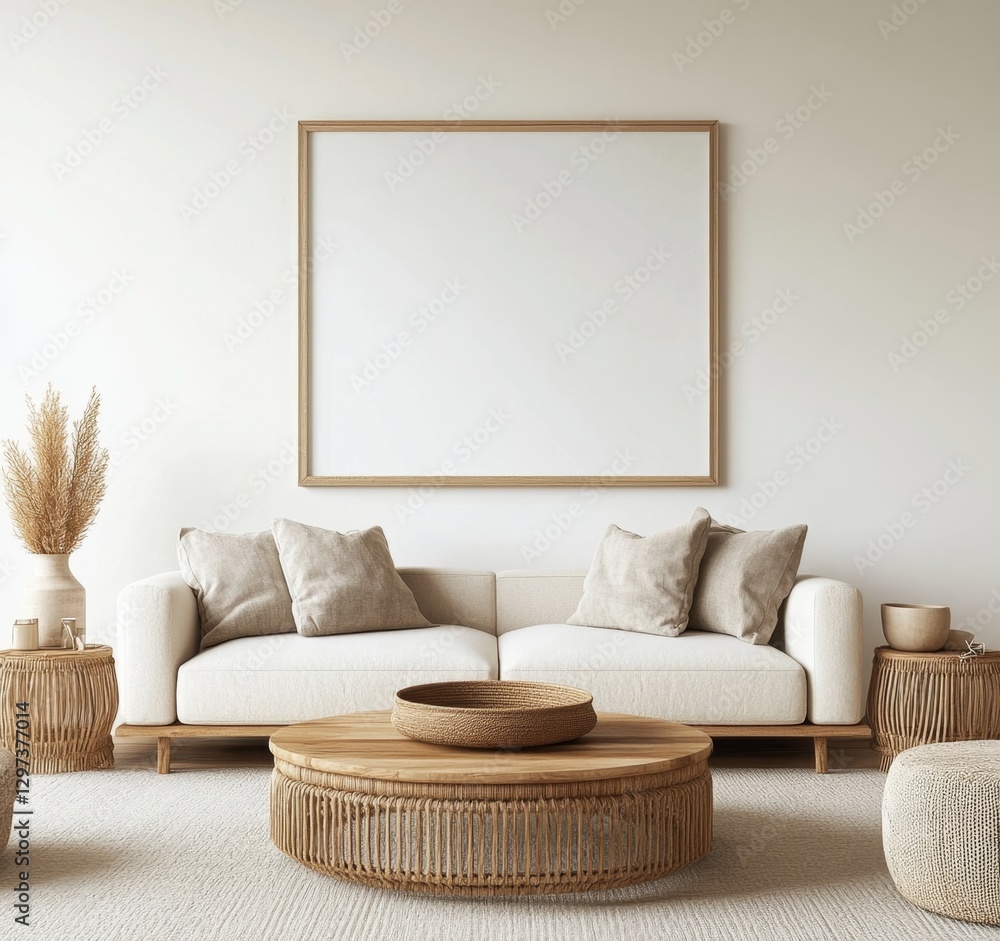 Modern Beige Living Room with Empty Frame Modern Beige Living Room with Empty Frame