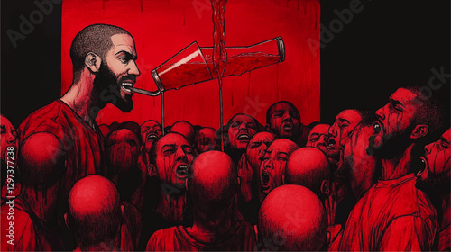 Striking Vector Image of Crowd, Beverages, and Expression of Unity, Featuring Diverse Faces, Bold Colors, and Dynamic Artistic Interpretation, Symbolizing Connection
