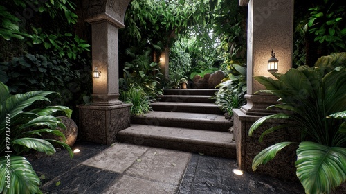 Serene garden pathway illuminated by lanterns, surrounded by lush greenery and stones