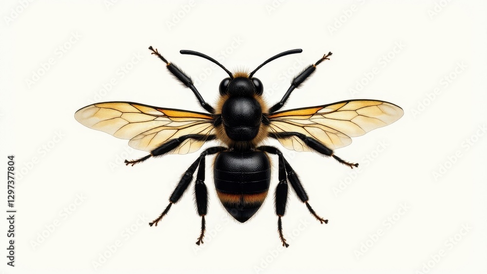 Obraz premium A black bee with white wings is shown in detail, highlighting its intricate wing patterns and body structure.