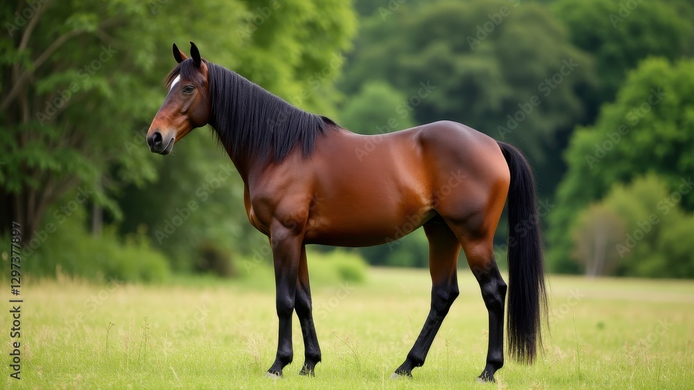 A black forest chestnut horse standing in a lush green field with trees in the background. A black forest chestnut horse standing in a lush green field with trees in the background.