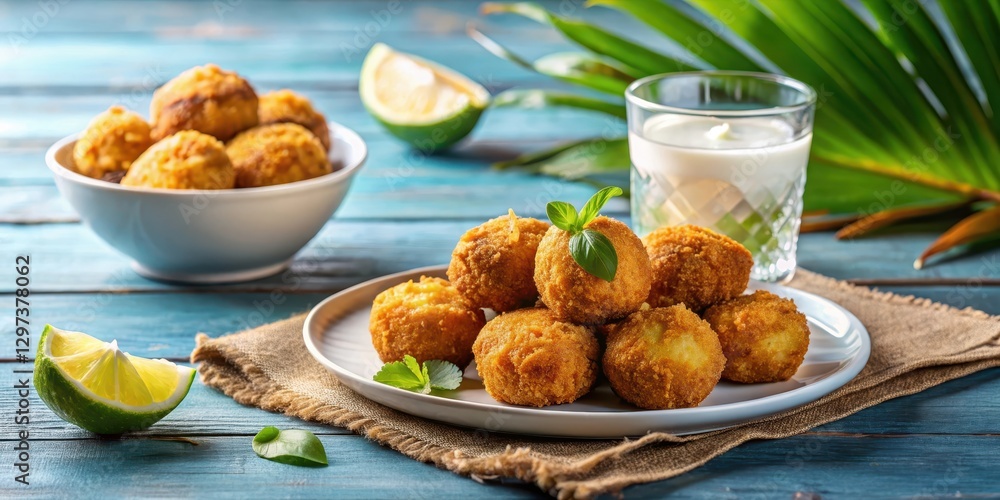 Crispy golden conch fritters on a plate next to a glass of refreshing coconut water, appetizer, crispy fried seafood Crispy golden conch fritters on a plate next to a glass of refreshing coconut water, appetizer, crispy fried seafood