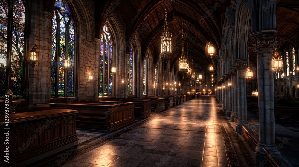 Stunning interior of a grand cathedral with stained glass windows and soft lighting Stunning interior of a grand cathedral with stained glass windows and soft lighting