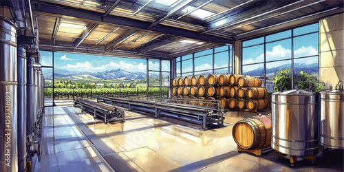 Modern Winery Production Facility with Steel Tanks and Wooden Barrels Overlooking Scenic Vineyard and Mountains Under Blue Sky Through Large Glass Windows