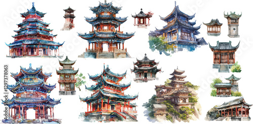 Chinese Architecture watercolor clipart