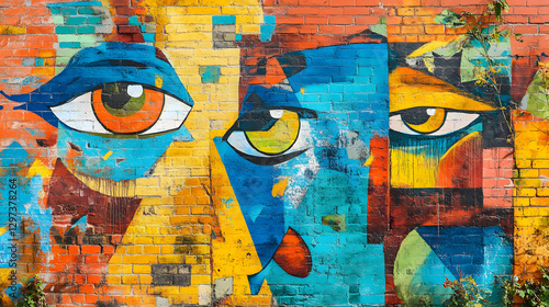 Colorful street art featuring vibrant eyes on brick wall, showcasing blend of blue, orange, and yellow hues. This mural adds lively touch to urban environment