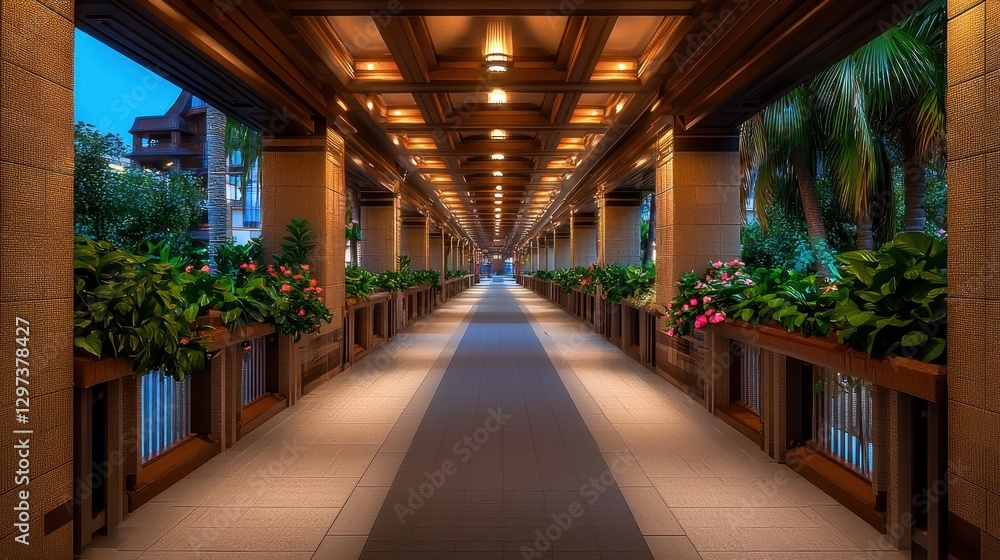 Serene walkway lined with lush greenery and vibrant flowers leading to a tranquil destination Serene walkway lined with lush greenery and vibrant flowers leading to a tranquil destination