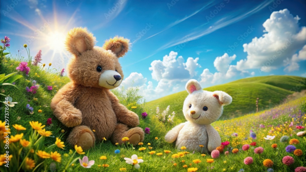 Fototapeta premium Adorable bear and rabbit friends play together on a lush green hill surrounded by wildflowers
