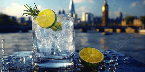 Refreshing Cocktail with Lime and Rosemary at Sunset Over Iconic London Skyline Featuring Big Ben and Shard in Background - Perfect Summer Drink Scene