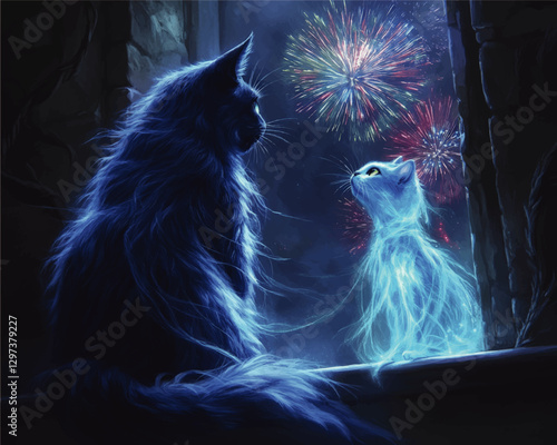 Enchanting Cats in Spectral Glow Watching Fireworks - Mystical Feline Fantasy Art Illustration with Celestial Magic and Night Sky Vibes