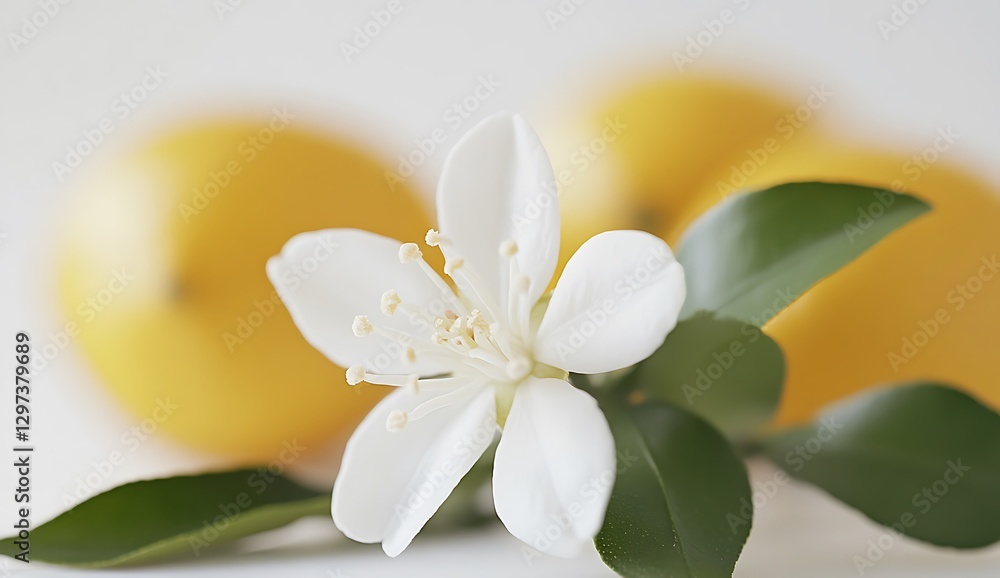 Fototapeta premium A close-up of a delicate orange blossom with white petals against green leaves, a softly blurred lemon in the background, evoking the beauty and fleeting nature of life.