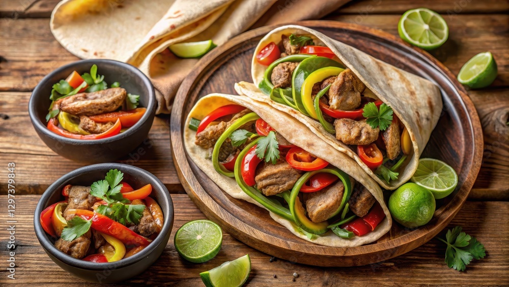 Sizzling fajita fillings such as chicken and beef wrapped in warm wheat tortillas, served with a side of fresh cilantro and lime wedges, wheat tortillas, sizzling meat Sizzling fajita fillings such as chicken and beef wrapped in warm wheat tortillas, served with a side of fresh cilantro and lime wedges, wheat tortillas, sizzling meat