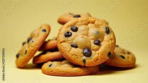 Wallpaper Mural A stack of delicious chocolate chip cookies on a yellow background. Torontodigital.ca