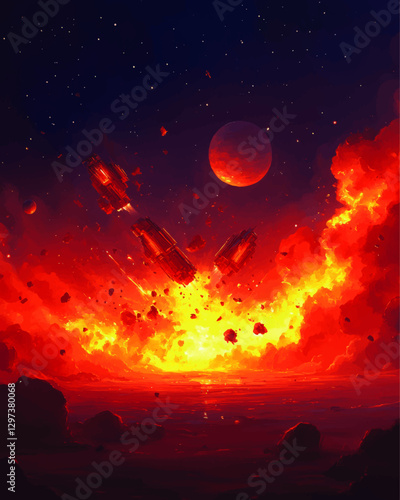 Stunning Sci-Fi Space Scene with Fiery Explosion and Distant Planets in Vivid Cosmic Art - Perfect for Sci-Fi Enthusiasts and Universe Lovers