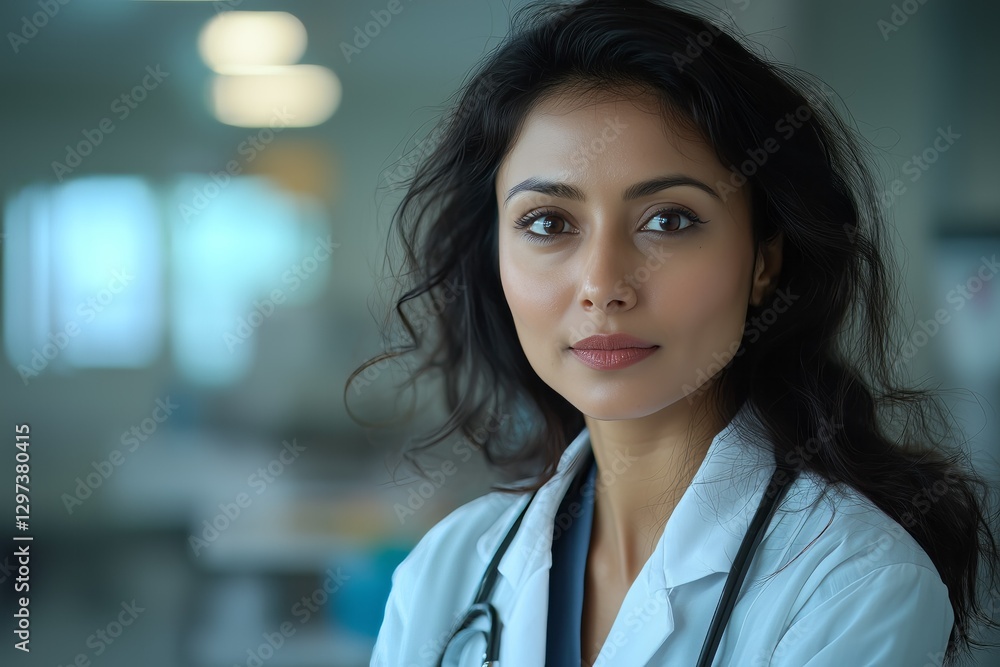 Confident Indian female doctor posing in hospital setting Confident Indian female doctor posing in hospital setting