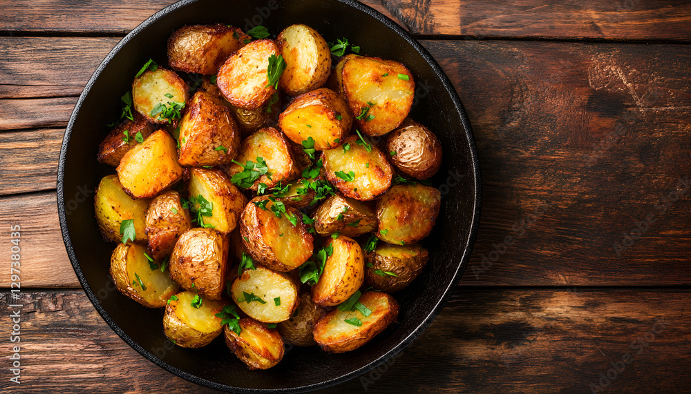 potatoes fried in a pan, rustic style, horizontal view from above potatoes fried in a pan, rustic style, horizontal view from above