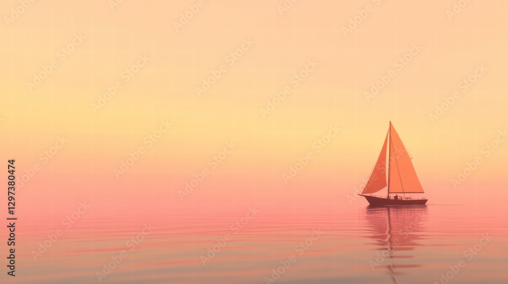 Fototapeta premium Calm waters and a sailboat during sunset at a serene coastal location. Generative AI