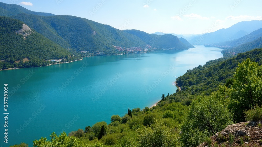 A stunning view of Castiglione del Lago with its serene turquoise lake surrounded by lush green hills and distant mountains A stunning view of Castiglione del Lago with its serene turquoise lake surrounded by lush green hills and distant mountains