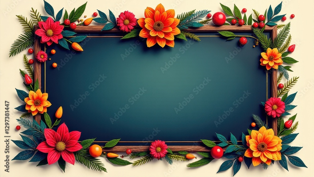 Fototapeta premium A cert frame with a wooden border adorned with vibrant flowers and green leaves, creating a colorful and elegant design.