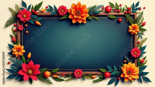 A cert frame with a wooden border adorned with vibrant flowers and green leaves, creating a colorful and elegant design.