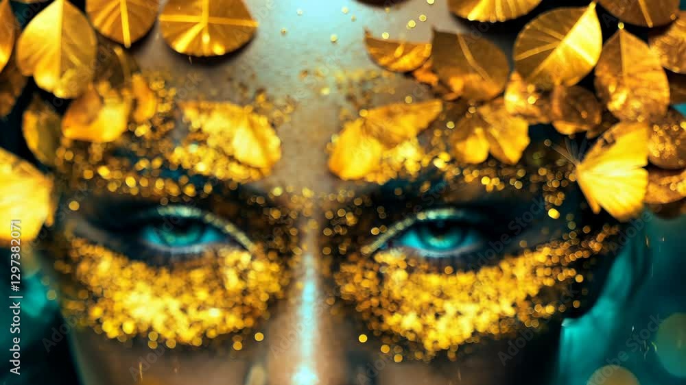 Artistic close-up of a model with golden leaf makeup and glitter during an outdoor celebration at dusk Artistic close-up of a model with golden leaf makeup and glitter during an outdoor celebration at dusk