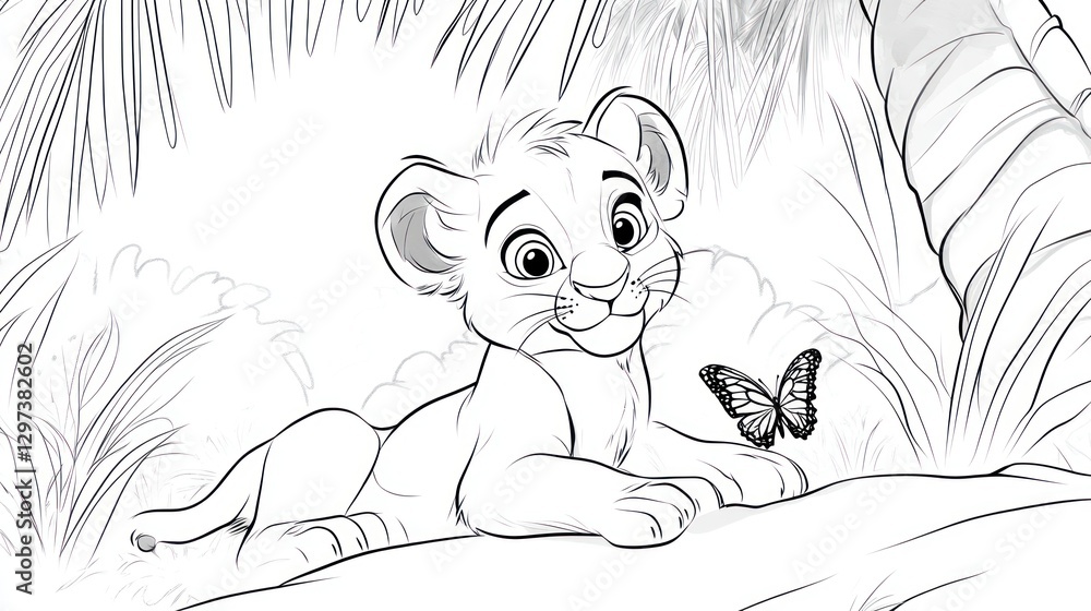 Cute lion cub in jungle scene, coloring page (1) Cute lion cub in jungle scene, coloring page (1)