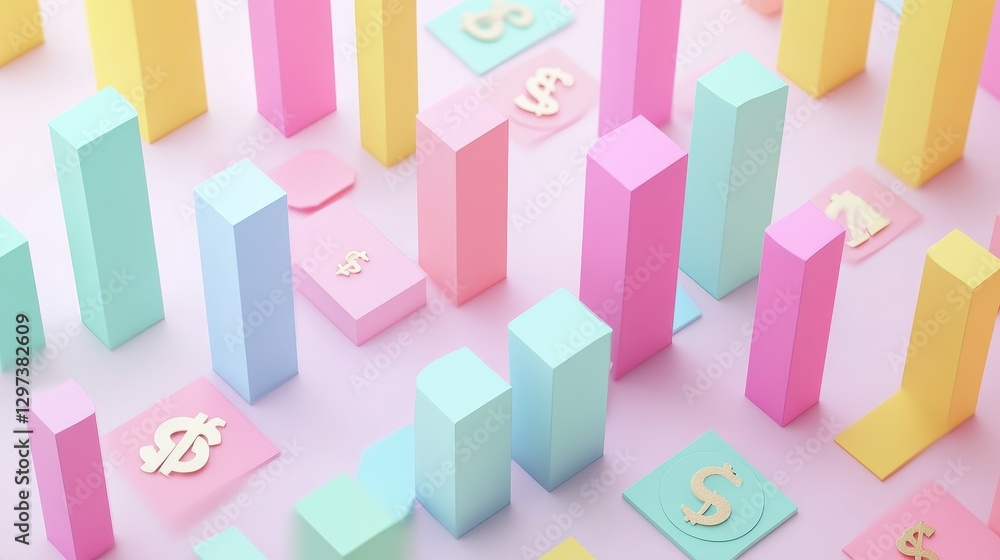 Financial growth with increasing bar chart and money symbols flat design top view finance theme animation colored pastel. Financial growth with increasing bar chart and money symbols flat design top view finance theme animation colored pastel.