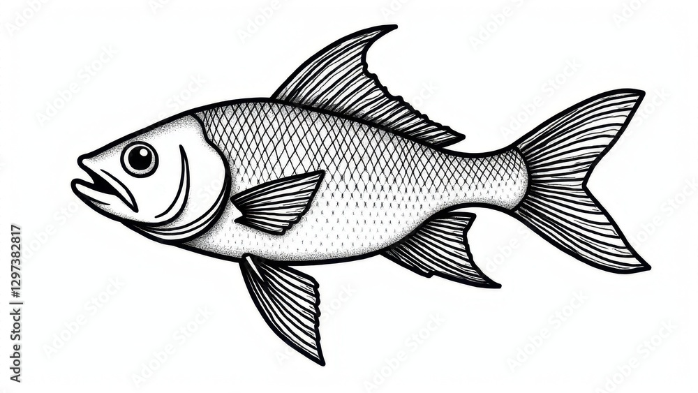 Coloring book pages fish with detailed scales and fins, perfect for kids and adults to color