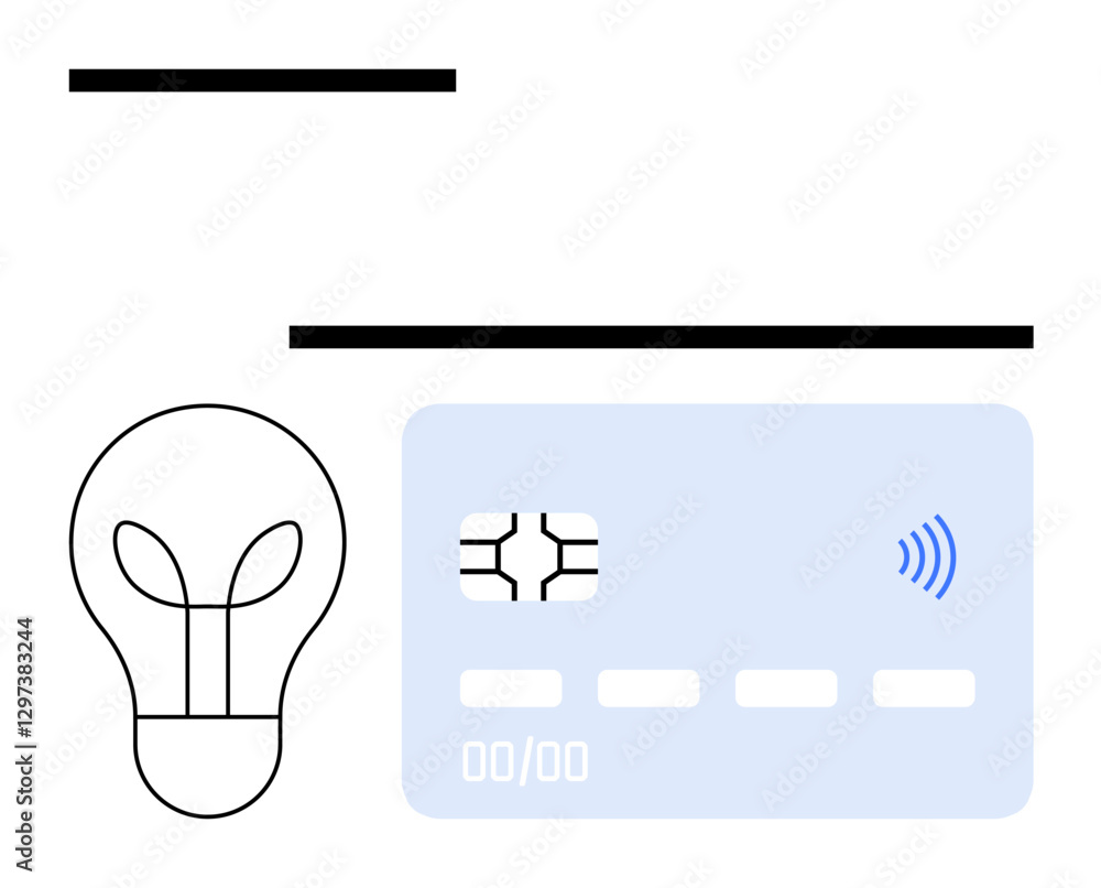 Light bulb and NFC-enabled credit card visualizing ideas, innovation, and cashless transactions. Ideal for fintech, digital banking, creativity, modern economy, sustainability, smart tech abstract