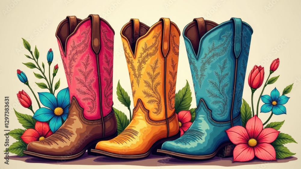 Three colorful cowgirl boots with intricate designs are surrounded by vibrant flowers.
