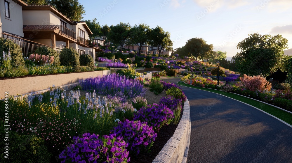 Scenic residential neighborhood with blooming flowers along a winding road during sunset Scenic residential neighborhood with blooming flowers along a winding road during sunset