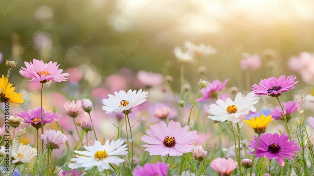 Colorful cosmos flowers in a field, soft sunlight, beautiful garden Colorful cosmos flowers in a field, soft sunlight, beautiful garden