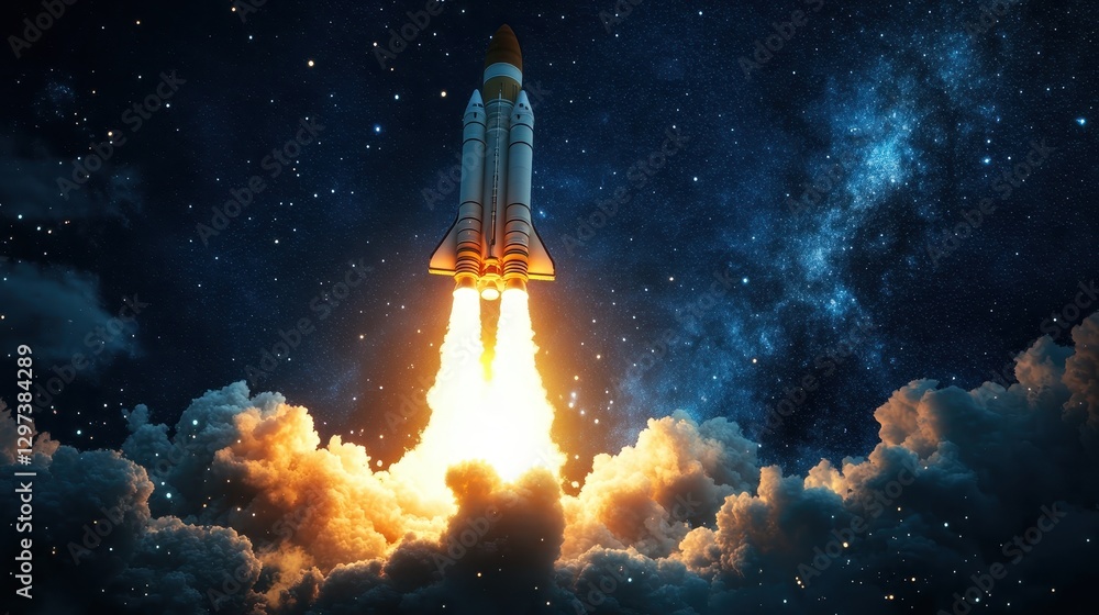 Fototapeta premium A high-tech rocket soaring into a deep blue sky, leaving a dramatic smoke trail, representing ambition and drive.