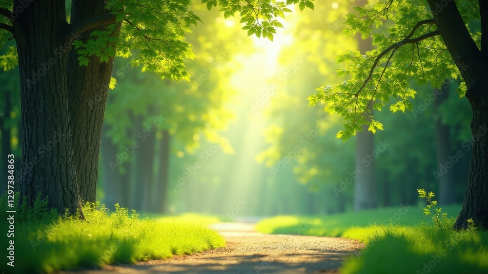 Obraz premium A serene forest path with dappled light filtering through the lush green canopy, creating a peaceful and inviting atmosphere.