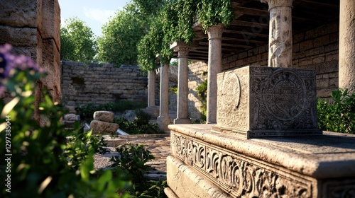Ancient ruins with ornate stone structures surrounded by lush greenery and sunlight