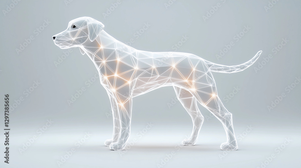 Fototapeta premium A glowing, wireframe representation of a dog against a minimalistic background, showcasing a blend of technology and animal form.