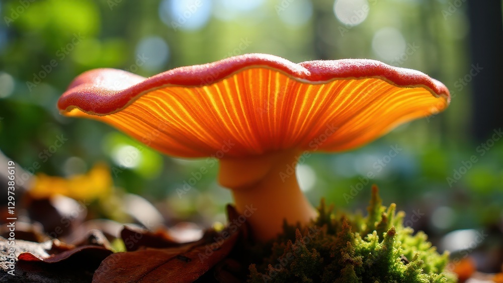 A close-up view of an elephant ear mushroom with vibrant orange gills, growing on the forest floor. A close-up view of an elephant ear mushroom with vibrant orange gills, growing on the forest floor.