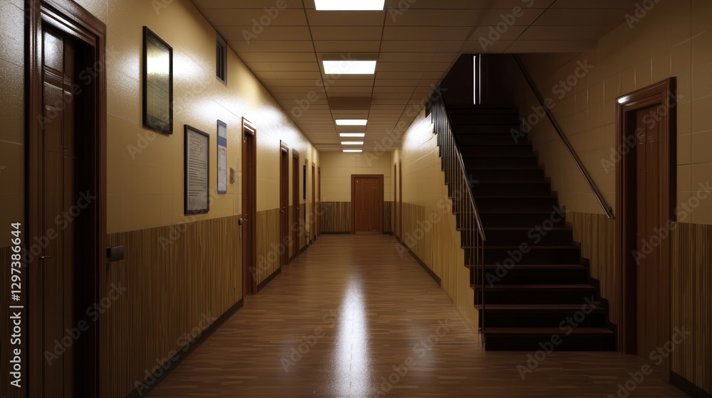 Empty hallway with wooden doors and staircase, illuminated by ceiling lights, evoking calmness Empty hallway with wooden doors and staircase, illuminated by ceiling lights, evoking calmness