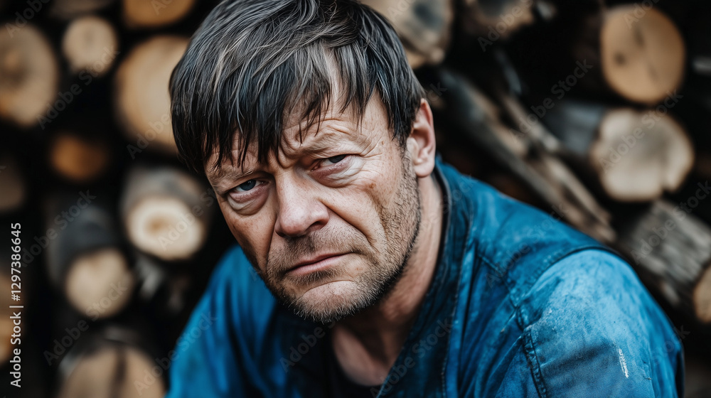 Fototapeta premium Middle-Aged Man Stacking Wood in a Lumberjack Shirt