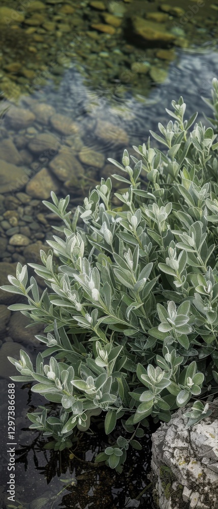 Cartoon Artemisia patch near a river clear water reflects soft silvery green leaves peaceful natural setting soft focus on details. Cartoon Artemisia patch near a river clear water reflects soft silvery green leaves peaceful natural setting soft focus on details.