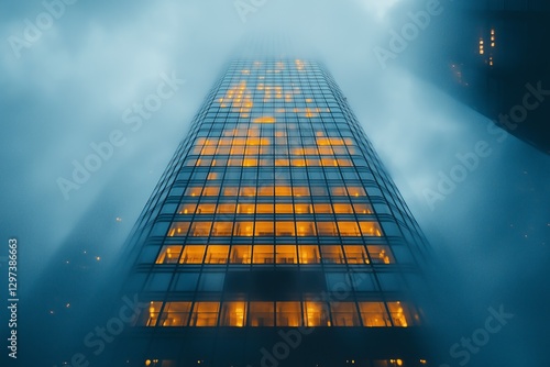 Wallpaper Mural Low angle view of illuminated skyscraper piercing through fog at dusk Torontodigital.ca
