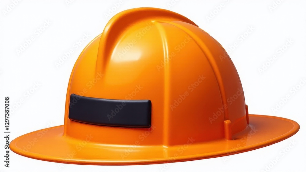 An orange fire hat with a black rectangular label on the front. An orange fire hat with a black rectangular label on the front.