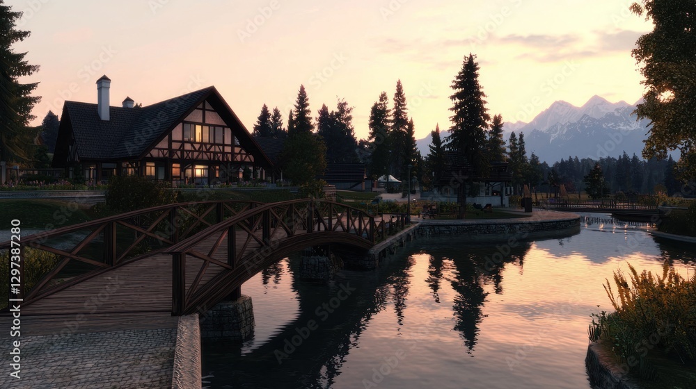 Serene lakeside view at sunset featuring a rustic lodge, wooden bridge, and mountains Serene lakeside view at sunset featuring a rustic lodge, wooden bridge, and mountains