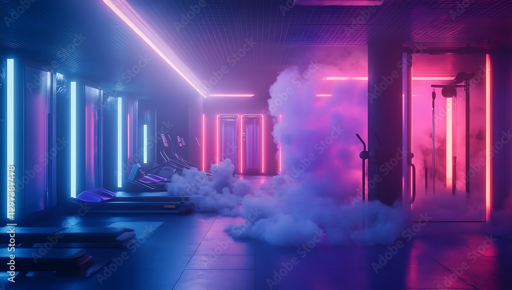 A futuristic gym bathed in colorful neon lights and enveloped in mist. High-tech gym equipment stands out in the ambient smoke, creating an energetic, otherworldly atmosphere. A futuristic gym bathed in colorful neon lights and enveloped in mist. High-tech gym equipment stands out in the ambient smoke, creating an energetic, otherworldly atmosphere.