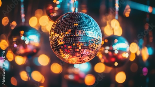 Hanging disco balls reflecting multiple colors create a beautiful scene