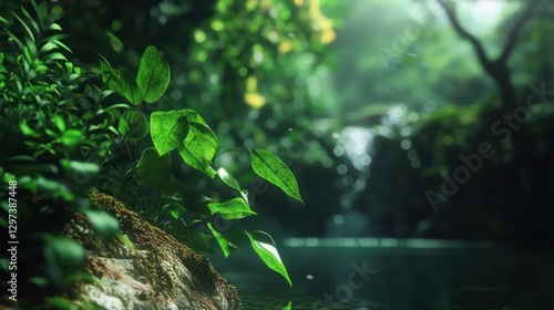Lush green foliage near a tranquil stream in a vibrant forest, with soft sunlight filtering through trees