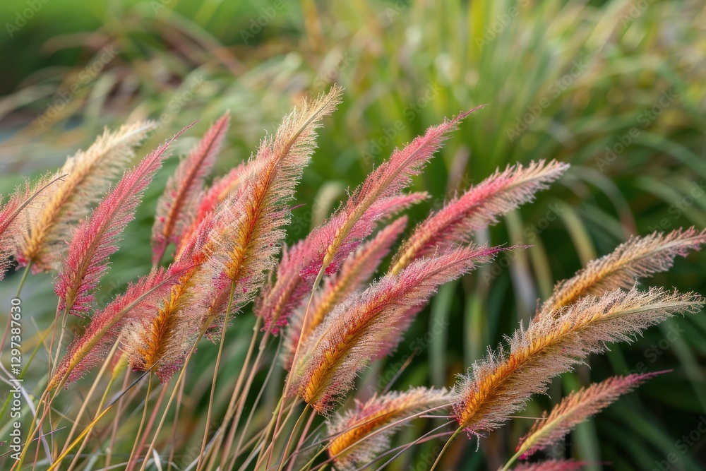 Delicate Imperata cylindrica tips sharp focus on red gold colors soft grassy field background natural light cartoon watermark. Delicate Imperata cylindrica tips sharp focus on red gold colors soft grassy field background natural light cartoon watermark.