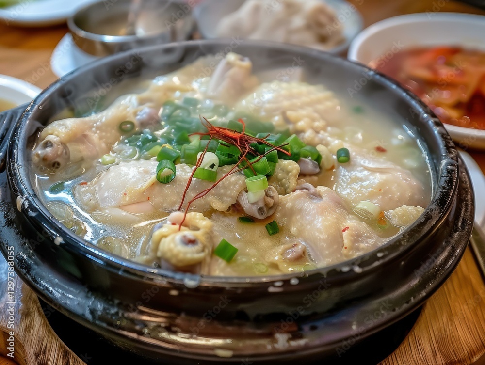 A bowl of steaming chicken soup with scallions. AI. A bowl of steaming chicken soup with scallions. AI.